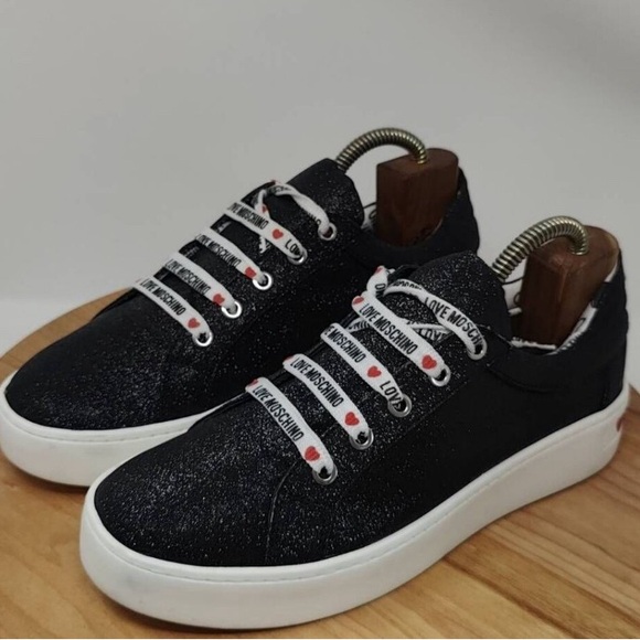 NWOT Cool LOVE MOSCHINO Black Glitter With Monogram Shoe Laces Ladies Size IT|40 - Picture 7 of 10